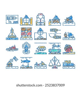 Marine Engineering Schiff doodle Icons Set Vektor. Skizze Linie Kunst Schiff maritime, Arbeit, Seeschiff, Industrie-Profi, Arbeiter-Crew, Mann, Tanker Marine Engineering Schiff Farbe Illustrationen