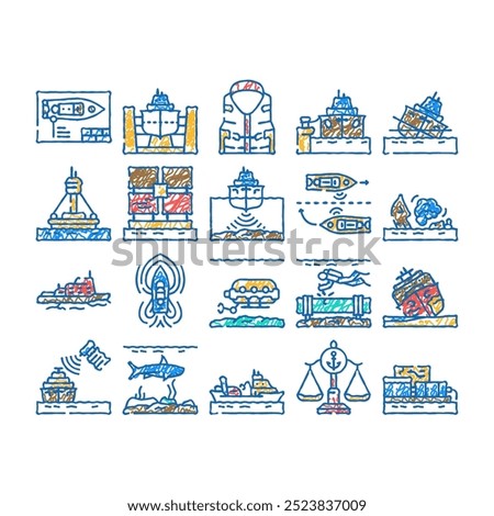 marine engineering ship doodle icons set vector. sketch line art vessel maritime, work, sea boat, industry professional, worker crew, man, tanker marine engineering ship color illustrations