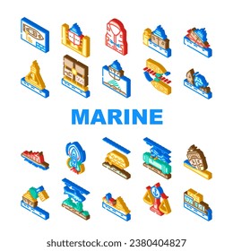 Schiffbau-Symbole setzen Vektorgrafik. Schifffahrt, Arbeit, Seeschifffahrt, Industrieschifffahrt, Arbeiterbesatzung, Mann, Tankschiff-Schiffstechnik isometrische Zeichenillustrationen