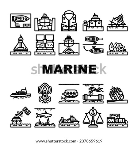 marine engineering ship icons set vector. vessel maritime, work, sea boat, industry professional, worker crew, man, tanker marine engineering ship black contour illustrations