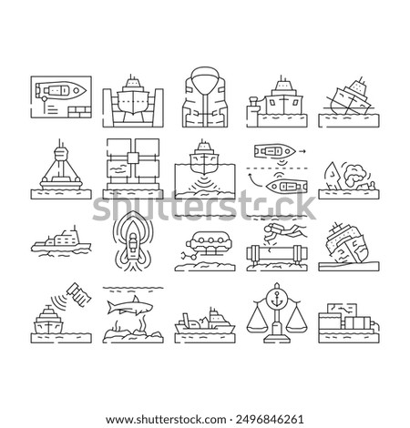 marine engineering ship icons set vector. vessel maritime, work, sea boat, industry professional, worker crew, man, tanker marine engineering ship black contour illustrations