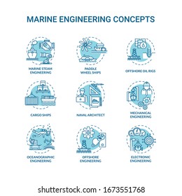 Marine engineering turquoise concept icons set. Paddle wheel ship. Water vessel maintenance idea thin line RGB color illustrations. Vector isolated outline drawings. Editable stroke