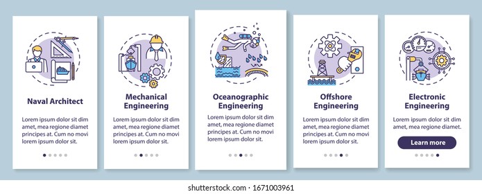 Tipos de ingeniería marina en la pantalla de la aplicación móvil con conceptos. Arquitecto naval. Caminata de trabajo en el extranjero 5 pasos instrucciones gráficas. Plantilla vectorial de interfaz de usuario con ilustraciones de color RGB