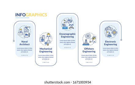 Marine engineering vector infographic template. Naval architect job presentation design elements. Data visualization with 5 steps. Process timeline chart. Workflow layout with linear icons