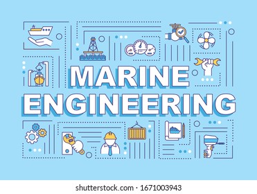 Marine engineering word concepts banner. Nautical industry work. Ship building. Infographics with linear icons on blue background. Isolated typography. Vector outline RGB color illustration