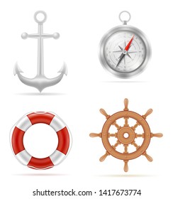 marine equipment anchor compass lifebuoy steering stock vector illustration isolated on white background