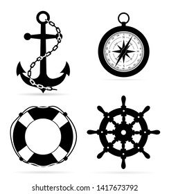 marine equipment anchor compass lifebuoy steering stock vector illustration isolated on white background