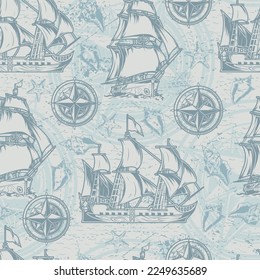 Marine expedition monochrome pattern seamless old sailing ships and rose compasses for long journey across endless ocean vector illustration