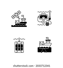 Marine exploration black linear icons set. Taking water sampler from ocean or sea with use of special equipment. Nautical industry. Glyph contour symbols. Vector isolated outline illustrations