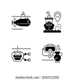 Marine Exploration Black Linear Icons Set. Underwater Archaeology Tools. Ship Tracking System. Remotely Operated Underwater Vehicle. Glyph Contour Symbols. Vector Isolated Outline Illustrations