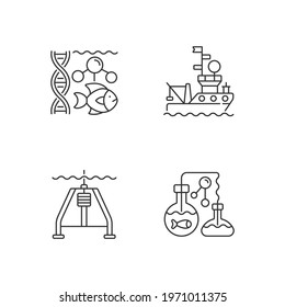 Marine exploration linear icons set. Marine chemistry tools. Hydraulically damped gravity corer. Customizable thin line contour symbols. Isolated vector outline illustrations. Editable stroke