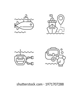 Marine Exploration Linear Icons Set. Underwater Archaeology Tools. Remotely Operated Underwater Vehicle. Customizable Thin Line Contour Symbols. Isolated Vector Outline Illustrations. Editable Stroke