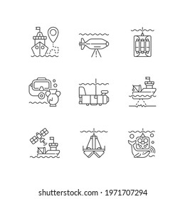 Marine exploration linear icons set. Increasing knowledge of ocean and sea. Equipment for scanning water. Customizable thin line contour symbols. Isolated vector outline illustrations. Editable stroke