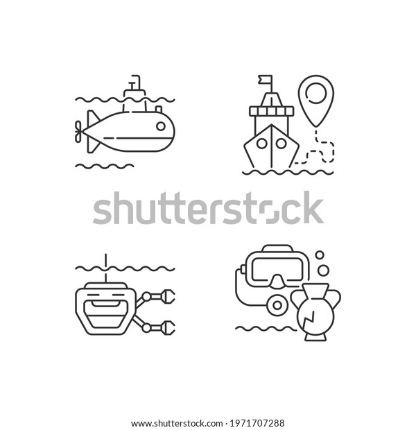 Marine exploration linear icons set. Underwater\
archaeology tools. Remotely operated underwater vehicle.\
Customizable thin line contour symbols. Isolated vector outline\
illustrations. Editable\
stroke