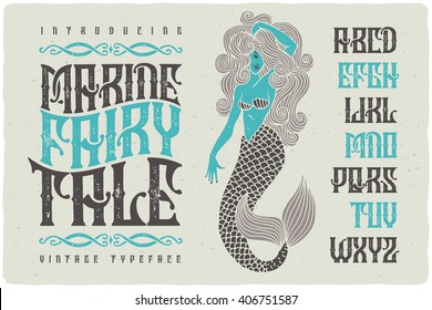 Marine fairytale font with beautiful mermaid illustration. Vintage decorative type set.