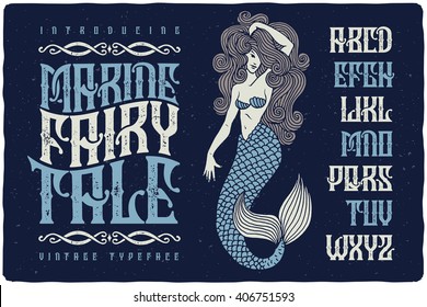 Marine fairytale font with beautiful mermaid illustration. Vintage decorative type set.