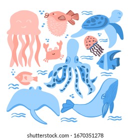 Marine fauna. Animals in the ocean. Stingray, octopus, fish, turtle, whale, jellyfish, crab in flat style isolated on white background. Vector simple illustration.