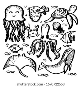 Marine fauna. Animals in the ocean. Stingray, octopus, fish, turtle, whale, jellyfish, crab in doodle style isolated on white background. Vector outline illustration.World Oceans Day.