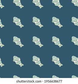 Marine fauna seamless pattern with light blue clown fish elements print. Dark navy blue background. Designed for fabric design, textile print, wrapping, cover. Vector illustration.