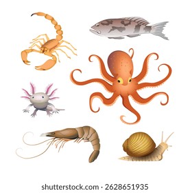 Marine fauna. Set of sea animals on a white background. Vector art illustration