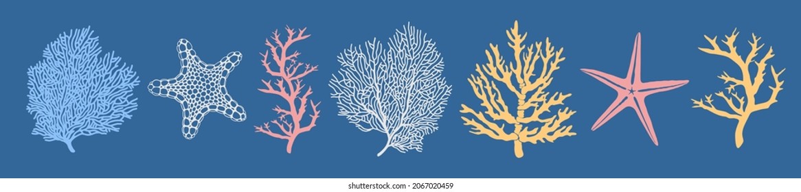Marine fauna. Set of seven colored vector silhouettes of starfish and corals isolated on blue background. Stock Vector