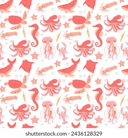 Marine fauna. Turtle, squid, lobster, octopus, whale, starfish. Vector illustration