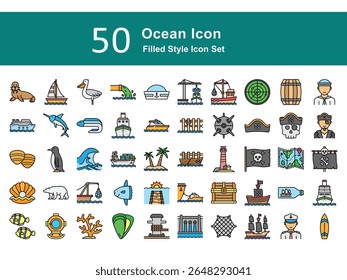 Marine Filled Icons Pack – Sea Animals, Boats, Diving, and Nautical Elements. Ocean Illustration Set