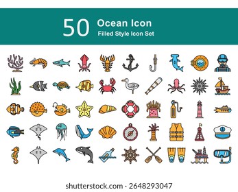 Marine Filled Icons Pack – Sea Animals, Boats, Diving, and Nautical Elements. Ocean Illustration Set
