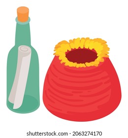 Marine find icon isometric vector. Red tube giant sponge and message in bottle. Marine adventure, bottle with note