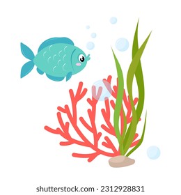 
Marine fish among algae and corals on the seabed. Vector illustration of a fish in a flat style on a white background.
