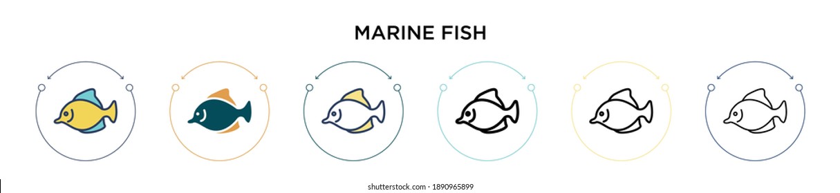 Marine fish icon in filled, thin line, outline and stroke style. Vector illustration of two colored and black marine fish vector icons designs can be used for mobile, ui, web