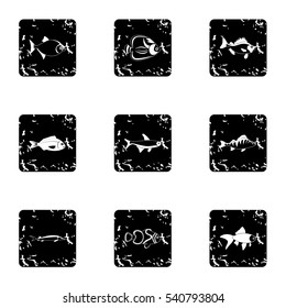 Marine fish icons set. Grunge illustration of 9 marine fish vector icons for web