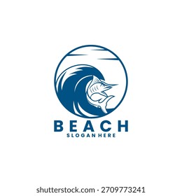 Peixe marinho saltando no vetor de design de logotipo de ondas. Modelo de vetor de design de logotipo oceânico