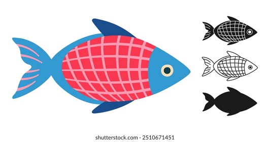 Conjunto de símbolos de dibujos animados abstractos de iconos lineales de peces marinos. Pescado de mar estilizado infantil exótico con patrón de doodle dibujado a mano. Forma de silueta de acuario o peces del océano o arte doodle. Ilustración vectorial