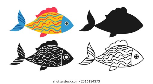 Marine fish linear icon abstract cartoon symbol set. Exotic Childish stylized sea fish with hand drawn doodle pattern. Sign aquarium or ocean fishes silhouette shape or doodle art. Vector illustration