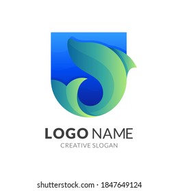 marine fish logo. shield and fish, combination logo with 3d blue and green color style
