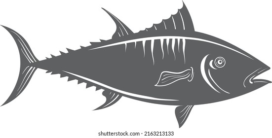 Marine fish logo. Tuna icon. Black animal silhouette isolated on white background
