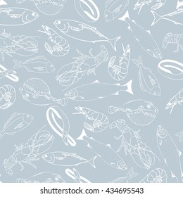 Marine fish on a blue background pastel seamless pattern for restaurant menus, cards, books, wrapping paper