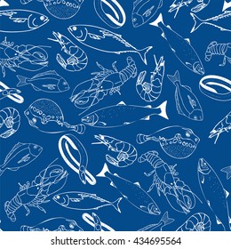Marine fish on a blue background seamless pattern for restaurant menus, cards, books, wrapping paper