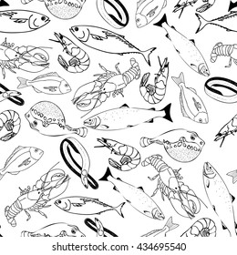 Marine fish on a white background seamless pattern for restaurant menus, cards, books, wrapping paper