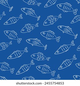 Marine fish sealife seamless pattern with light blue outline contour fishes drawings on deep blue background vector texture. Textile fabric print. Gift wrapping paper.Repeating tile. Design template. 