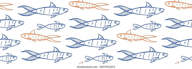 Marine fish Seamless pattern. Doodle Sardines in blue and orange color in white background. Ideal for wrapping paper, textiles, packaging and summer themed goods. Outline nautical vector illustration.