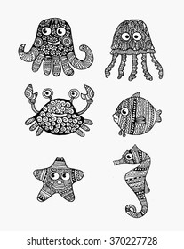 Marine Fish set. Fishes marine ornamental . Marine patterns . Fishes marine art . Fishes marine handmade.