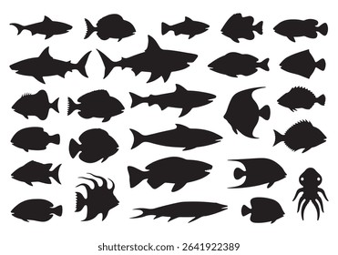 Marine Fish Silhouette Collection in Grid Layout on White Background.eps
