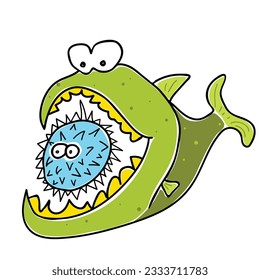 Marine fish trying to eat a sea urchin. Vector illustration