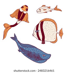 Peces marinos. Vector decorado en estilo retro.