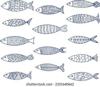 Marine fishes. Collection of stylized fish. Funny doodle set