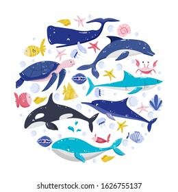 Marine fishes and mammals, dolphins, sperm wahle, whale,  turtle, starfish, in circle concept. Vector illustration on white background