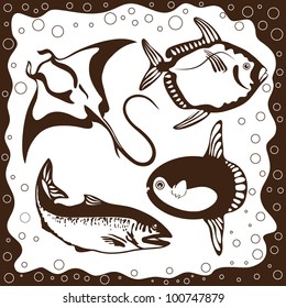 Marine fishes, silhouettes set, vector illustration