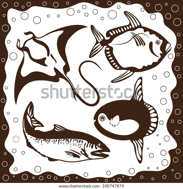 Marine\
fishes, silhouettes set, vector\
illustration